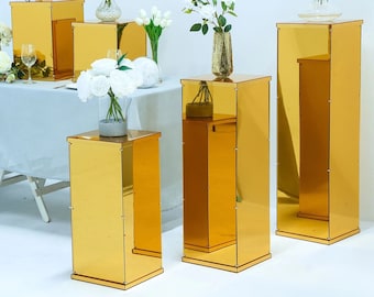 Set Of 5 - Gold Mirror Finish Acrylic Pedestal Risers - Display Boxes With Interchangeable Lid And Base