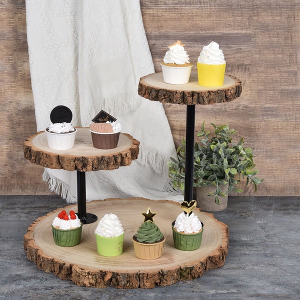 14" 3-Tier Natural Wood Slice Cheese Board Cupcake Stand, Rustic Centerpiece - Assembly Tools Included
