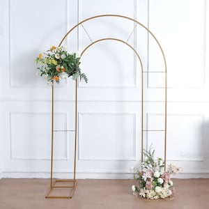 8ft Tall Gold Metal Round Top Double Arch Wedding Backdrop Stand, Flower Balloon Frame Ceremony Arbor