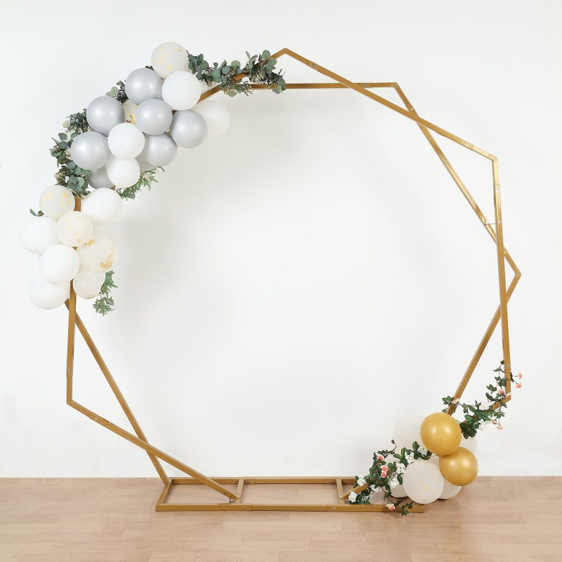 8ft Dual Geometric Shaped Gold Metal Hexagon And Heptagon Backdrop Stand, Metal Wedding Arch image 1
