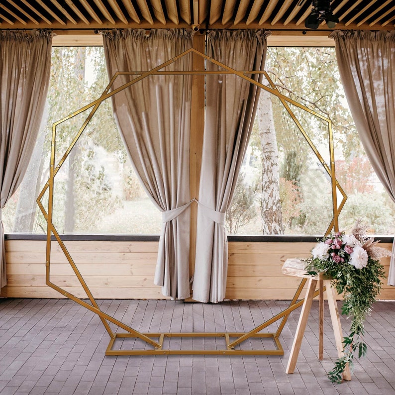 8ft Dual Geometric Shaped Gold Metal Hexagon And Heptagon Backdrop Stand, Metal Wedding Arch image 9