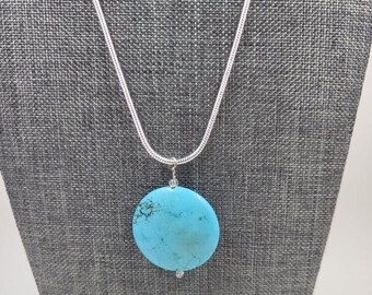 Turquoise Circle Gemstone Pendant Silver Snake Chain Necklace Statement Handmade