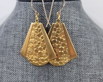 Mermaid Brass Art Deco Triangle Gold Hook Dangle Drop Handmade Earrings