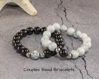 Black & White bracelets, beautiful gemstone White Howlite and Hematite beads, partner or friendship bracelets