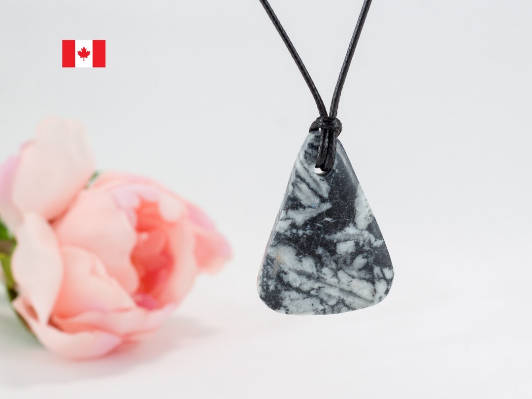 Triangle Pinolite stone pendant on black cord, black and white colors ...