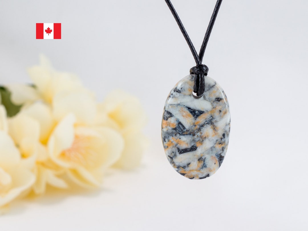 White, Black and Orange Oval Stone Pendant on Black Cord, Rare Semi ...
