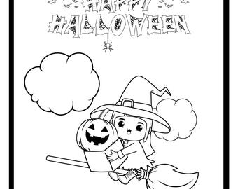 May include: Black and white Halloween-themed illustration. A witch with a hat and a pumpkin flies on a broom. The text "HAPPY HALLOWEEN" is at the top, with bats and a spider. A graveyard scene is at the bottom.