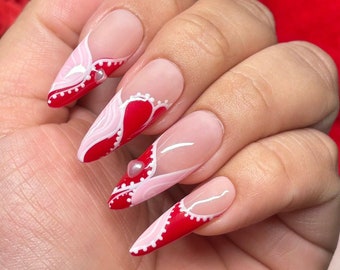 Love letter | Pink & red abstract french tips w/ pearl heart accents | Apres Gel | Valentine's press ons | Long almond