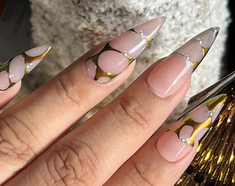Chrome&#39;d | Orange green duochrome peekaboo cutouts w/ pearl accents | Apres Gel | winter press ons | Long stiletto| *Color change by request