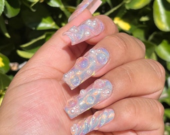 Mermaid&#39;s Tears |  3D hard gel water drop with multicolored shell finish and pearls |  Apres Gel X  | Summer Press ons | Long Square