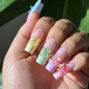 Candy Cuddles Pastel Airbrushed ombré French tips w/ iridescent gummy bears Long square Apres Gel X Spring summer Press ons Easter image 1