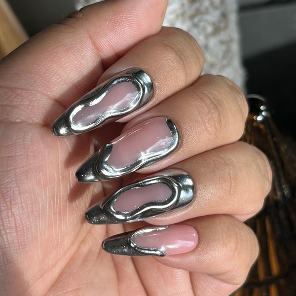 Cyborg | 3d silver texture molten metal french tips  | Press ons| chrome shade change by request| Long Almond