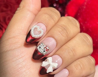 Red Velvet | Red chrome french tips w/ pearl bow,heart and HK, | Apres Gel | Valentines Day press ons | Med Almond