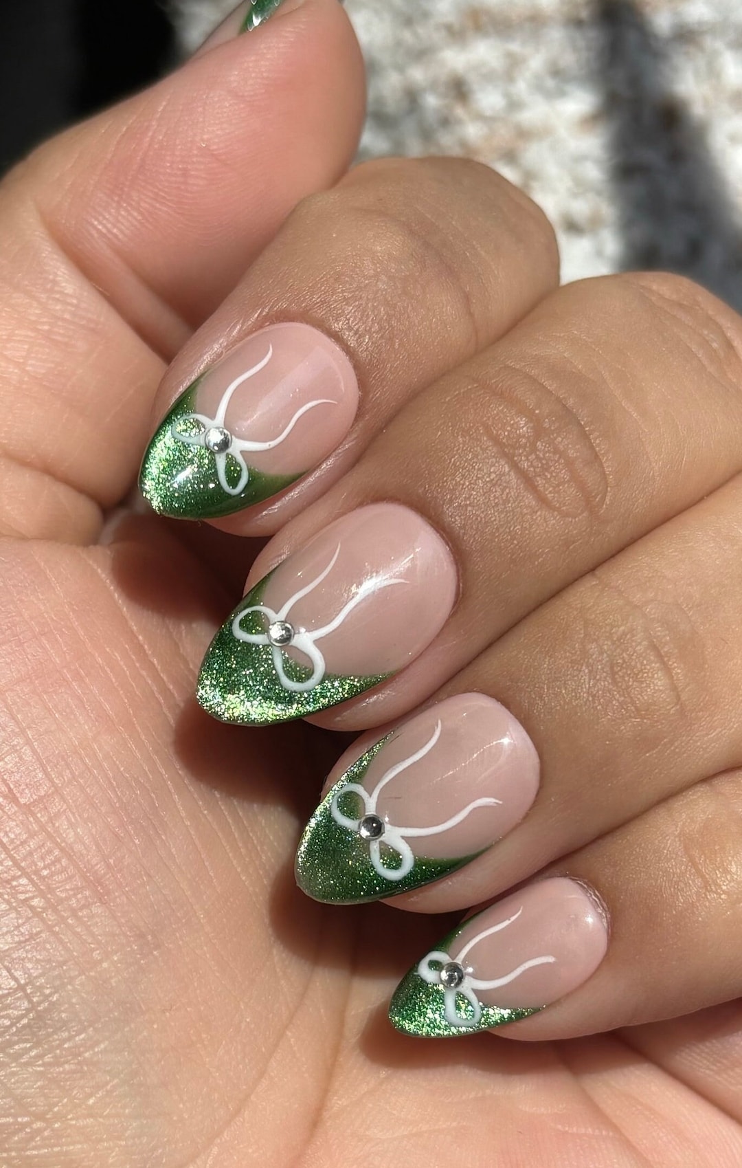 Velvet Bows Green Cat Eye French Tips W/ White Bow/ Gem Etsy