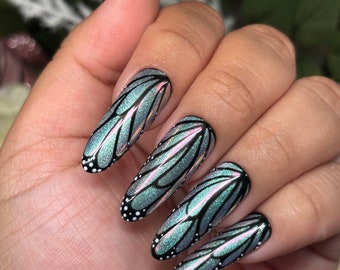 Pretty Wings | Silver teal cat eye base w/ a duo chrome iridescent chrome + butterfly wing art | Spring Summer | Long Round | Apres Gel X