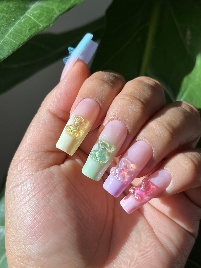 Candy Cuddles Pastel Airbrushed ombré French tips w/ iridescent gummy bears Long square Apres Gel X Spring summer Press ons Easter image 1