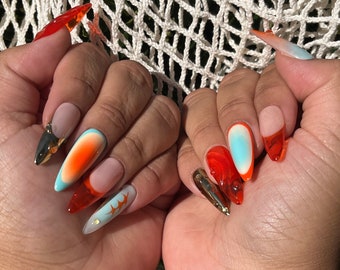 Fresh Squeezed | Press on Nails| Mismatched Orange teal gold chrome, airbrush, jelly french tips chrome, 3d waves aura beads