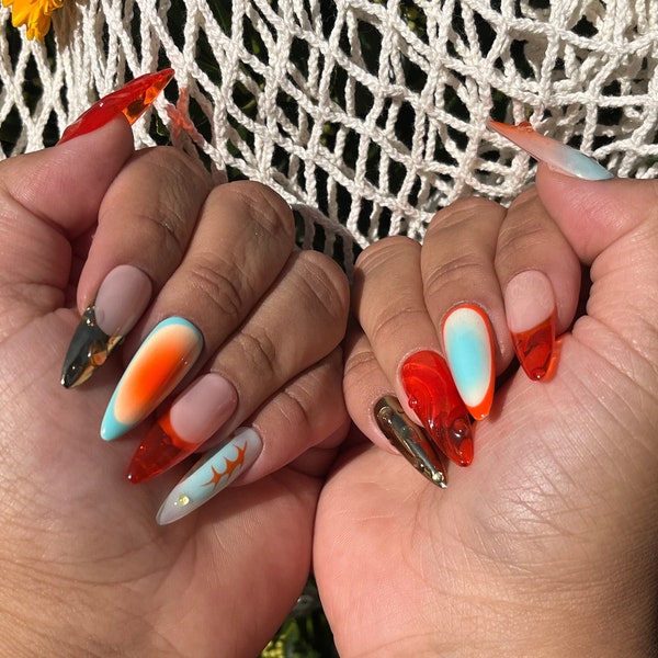 Fresh Squeezed | Press on Nails| Mismatched Orange teal gold chrome, airbrush, jelly french tips chrome, 3d waves aura beads