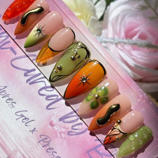Earth gems | orange,green jelly Multidesign set w/ gold chrome 3d accents  Summer | Apres gel x | medium stiletto