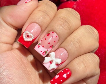 Pink Valentine | Pink / Red french tips heart/strawberry polka dot bow accents | Winter Valentines | Short Square | Apres gel x press ons