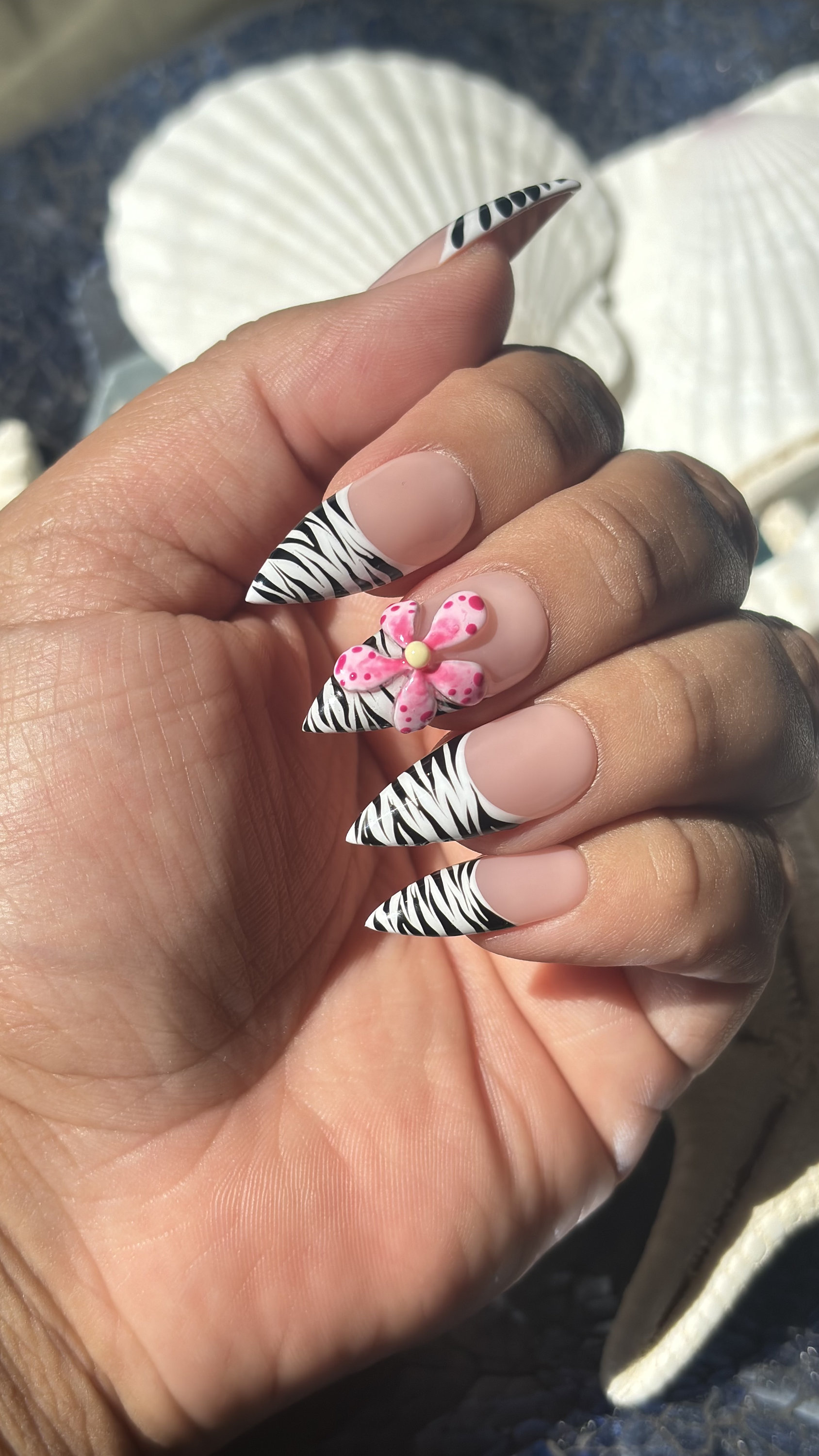 Zebra Bae | White/black Zebra French Tips W/ a Pink 3d Flower