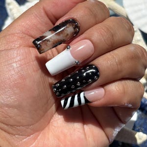 Rebel |Black/ white/ cowhide zebra silver chrome pearl stud accents | Press on Nail | Apres Gel x | Long square