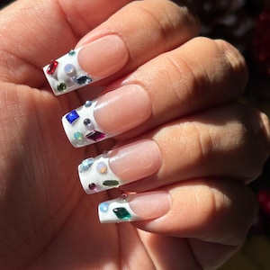 Bejeweled |White French tips w/ colorful multi shape gems|  Apres gel x Press on nails Winter, New year |Med Square