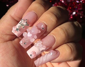 Pink teddy | light pink glitter jelly with airbrush bear heart star bow charms | Apres gel X| Winter Spring Valentines | Long square