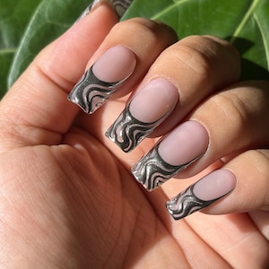 Chrome swirls | Silver chrome swirl French tips| *chrome change available by request| Apres Gel X | square futuristic