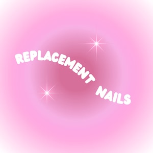 May include: Pink background with white text that reads "REPLACEMENT NAILS". There are two white stars on the background.