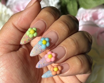 Spring flowers | x10 3d sculpted flowers on a multicolored terrazzo French tips. Peach Pink blue | Spring Summer | Apres gel x | Long Almond