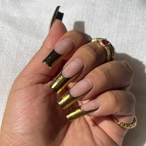 Money Honey | Gold Chrome French tips Press on Nails | Apres Gel x | Long Square | Metal finish Nails | Customizable color *by request
