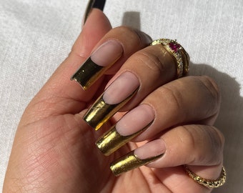 Money Honey | Gold Chrome French tips Press on Nails | Apres Gel x | Long Square | Metal finish Nails | Customizable color *by request
