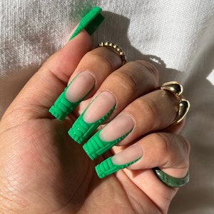 Bottega Baby | Green textured matte stripe French tip press ons | Apres Gel X | Long Square | Bottega Veneta Inspo | spring/summer nails