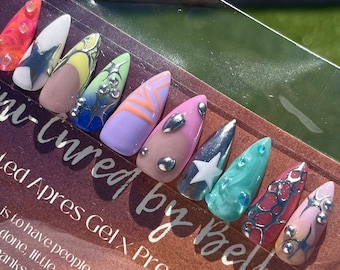 Stargazing | Press on Nails| Mismatched colorful nails | Multicolor, silver 3d blobs, chrome stars, chrome accents, airbrush aura beads