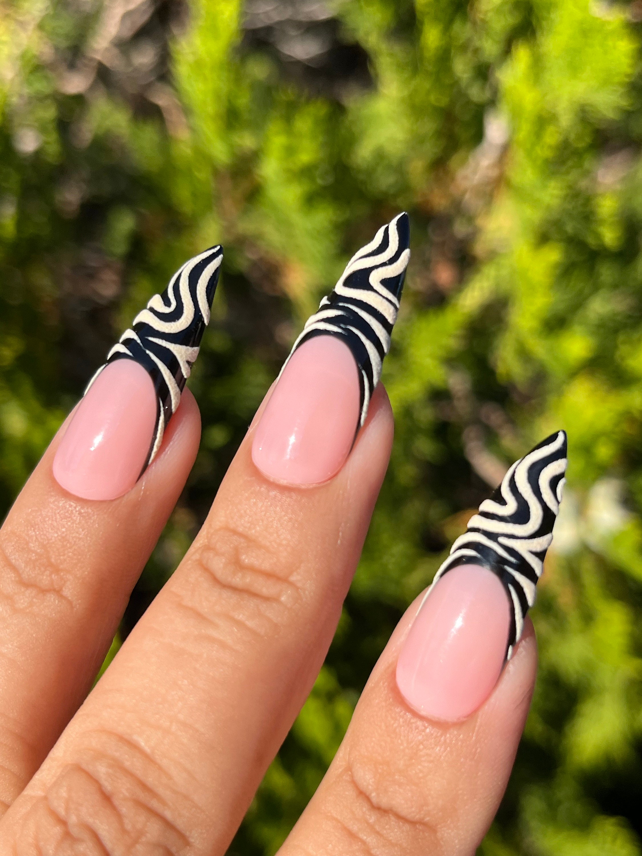 Cozy Zebra | Black Chunky French Tips With Beige Textured Zebra Stripes ...