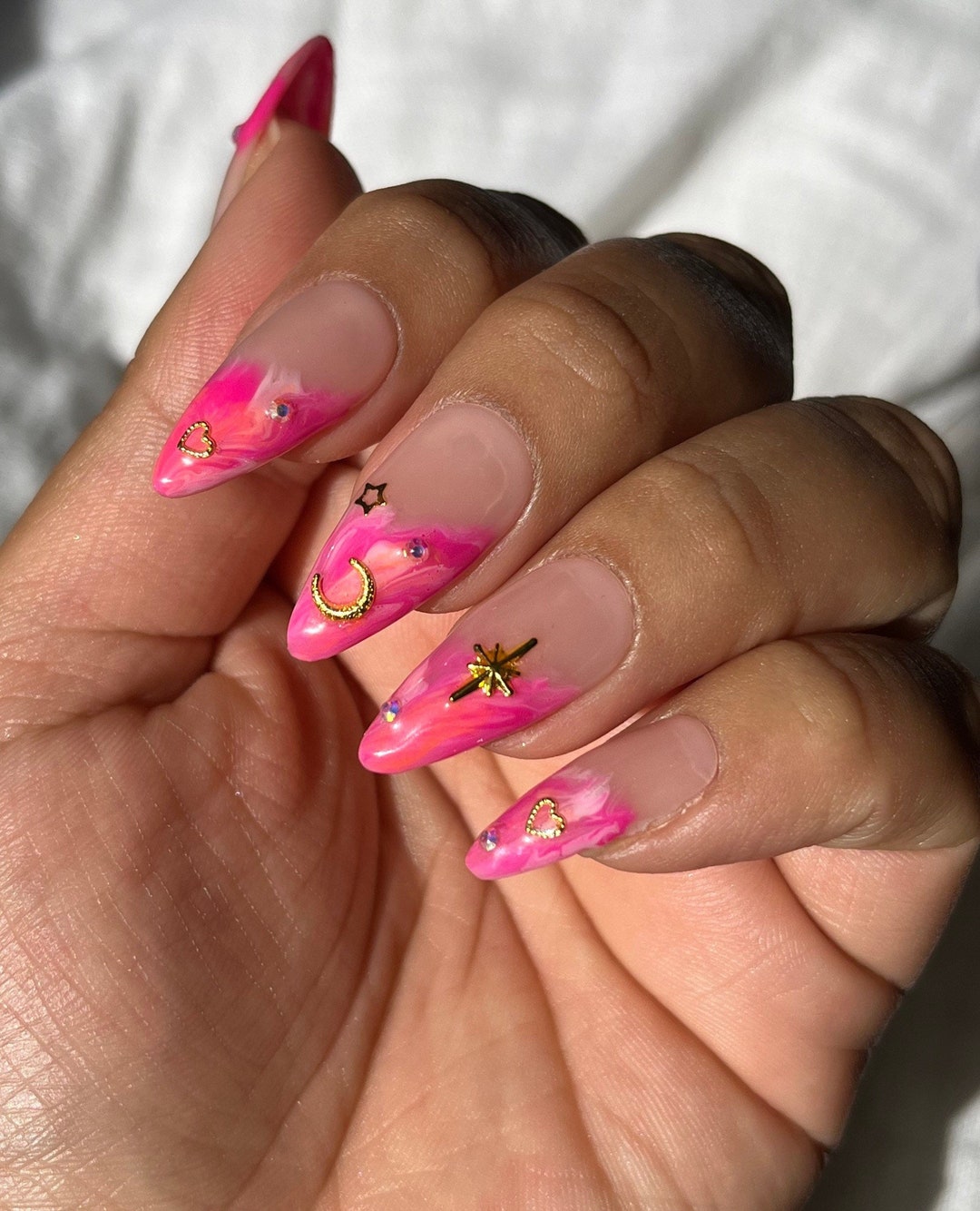 Star Girl Pink Orange Marble Swirl French Tips W/ Gold Moon, Stars Charms  Apres Gel X Spring Summer Easter Press Ons Long Square -  Canada
