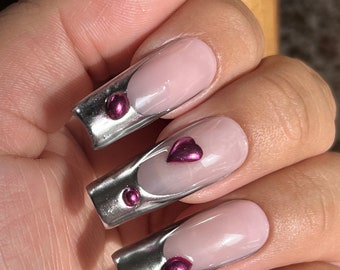 Chrome Hearts | Silver chrome French tips w/ chrome fuschia 3d hearts| Apres Gel | Valentines Day press ons | Long Square