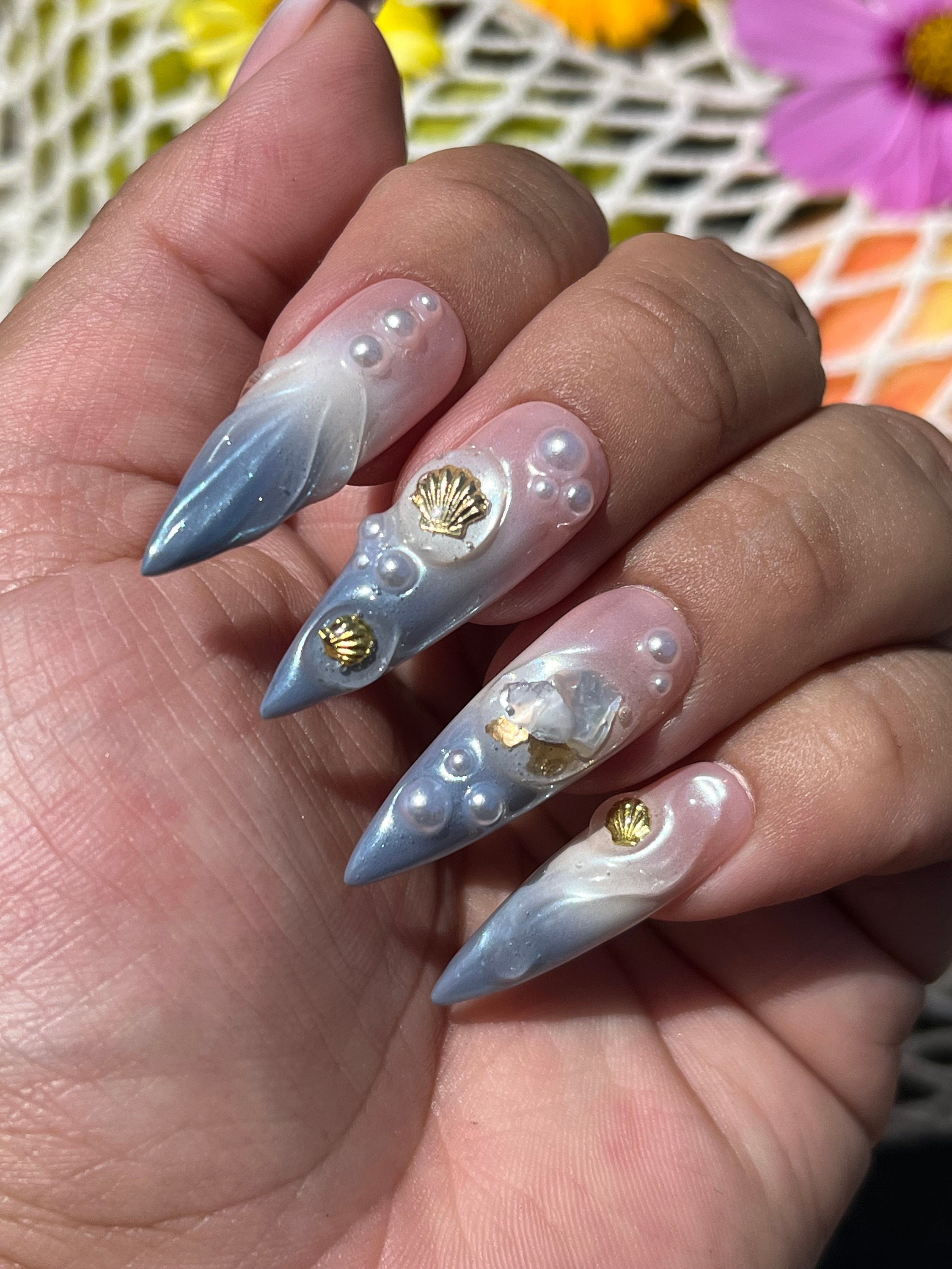 Coastal Vibe| Press on Nails| Ocean Inspired 3d Water Nails| Cream