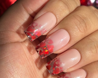 Fall 4 you | Clear ombré French tips w/ metallic red hearts * swipe for more colors | Apres Gel | Valentines Day press ons | Med Square