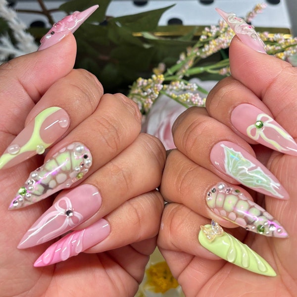 Cosmic fairy | pink/green holo butterfly 3d texture pearl gem accents| Spring Summer | Apres gel x | Long Stiletto