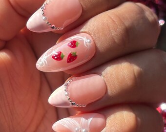 Shortcake| Baby pink French tips w/ frame strawberry/pearl,bow, accents | Apres gel X| Winter Spring Valentines | Med Almond