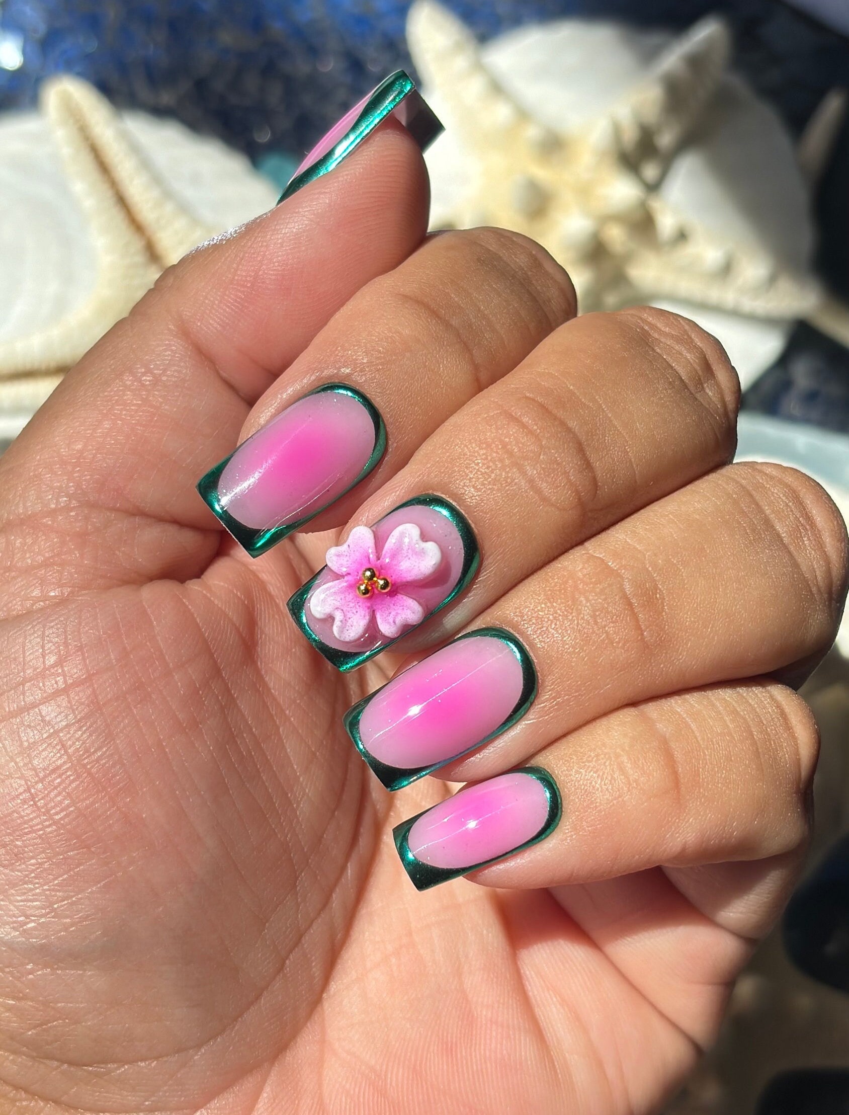 Teal Gems | Milky Base W/ Pink Airbrush Aura, Teal Chrome 3d