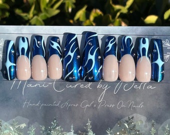 Blue steel | blue chrome French tips w/ baby blue y2k tribal line work + gems| apres gel x press ons | Winter| Long coffin