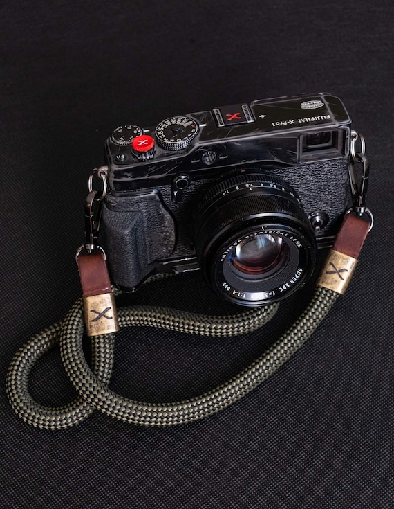 X Checkered Olive/Black Rope -Dark Brown Leather Camera Strap - Bronze X