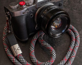 X Tartan Grey - Black Leather Camera Strap - Silver X