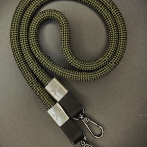 X Checkered Olive/Black Rope -Black Leather Camera Strap - Silver X