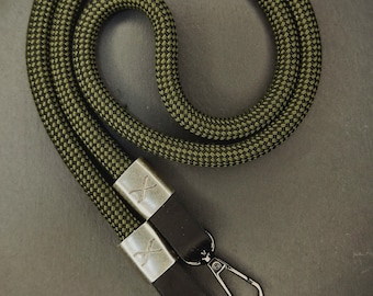 X Checkered Olive/Black Rope -Black Leather Camera Strap - Silver X