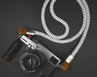 X Grey/White Rope -Cognac Leather Camera Strap - Silver X