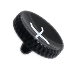 May include: A black knob with a white cross-shaped design on the top. The knob has a textured, ridged edge and a threaded post. The object is set against a white background.